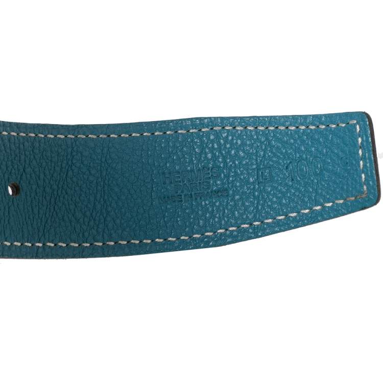 Pre Owned Hermes Black/Blue Jean Box and Togo Leather Quizz Reversible Buckle Belt 100CM
