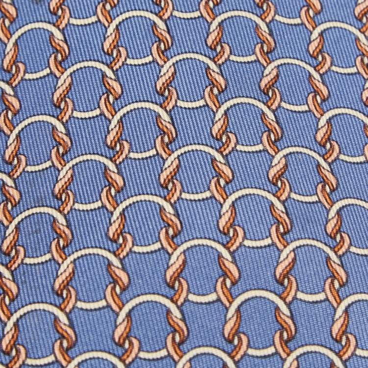 Pre Owned Hermes Blue Interlock Patterned Silk Traditional Tie