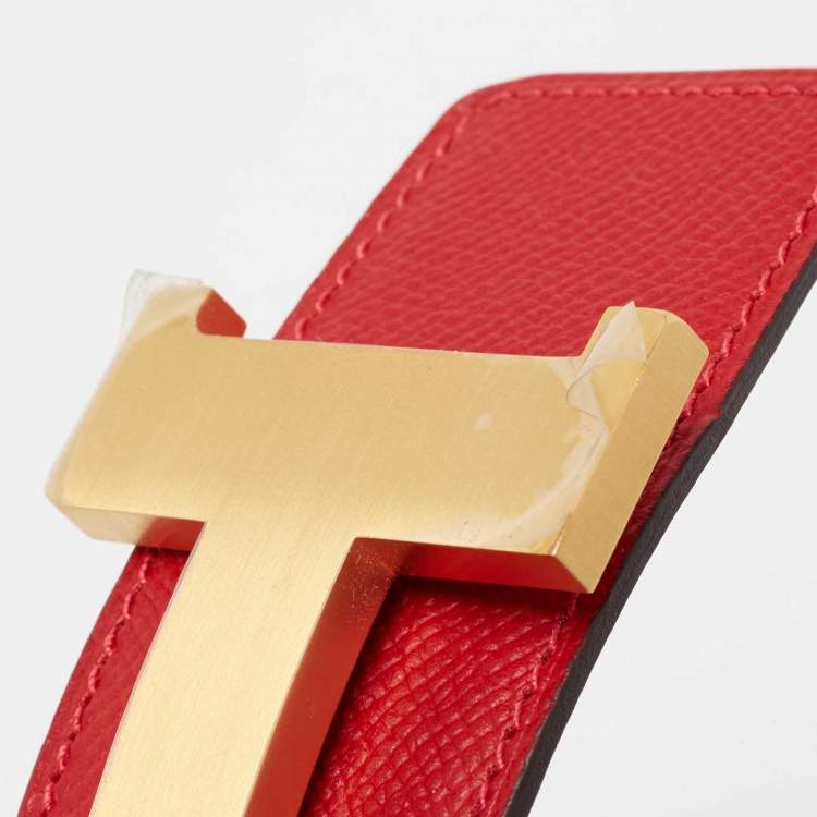 Pre Owned Hermes Rouge Casaque/Rose Jaipur Epsom Leather H Buckle Belt 85CM