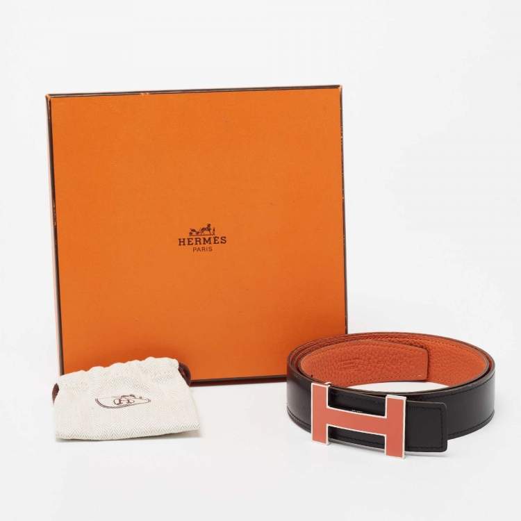 Pre Owned Hermes Orange/Black Togo and Box Leather Quizz Reversible Belt 90CM