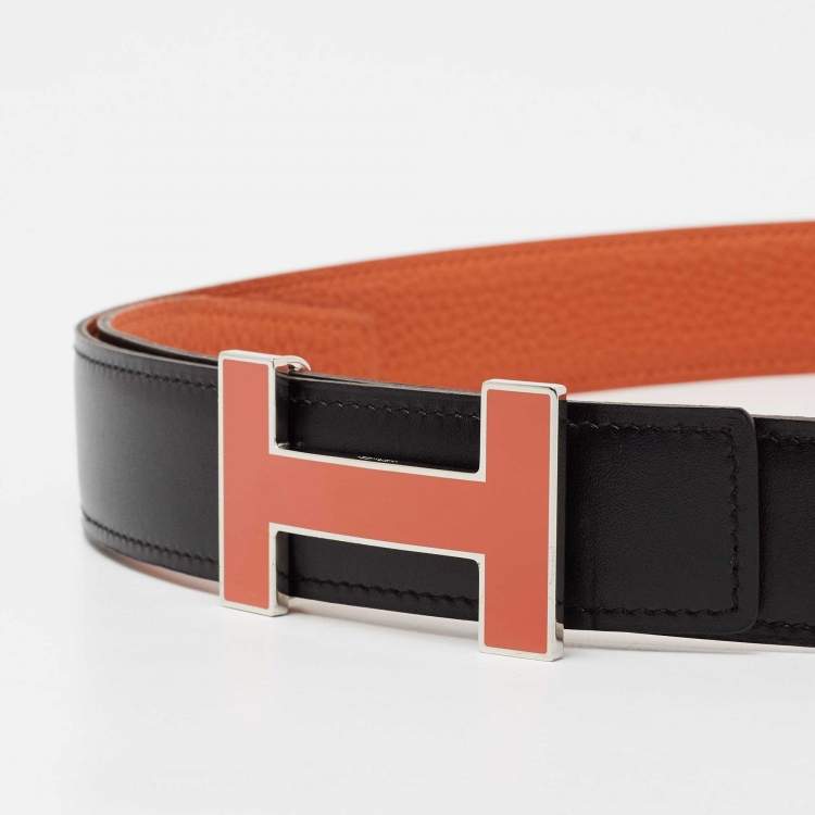Pre Owned Hermes Orange/Black Togo and Box Leather Quizz Reversible Belt 90CM