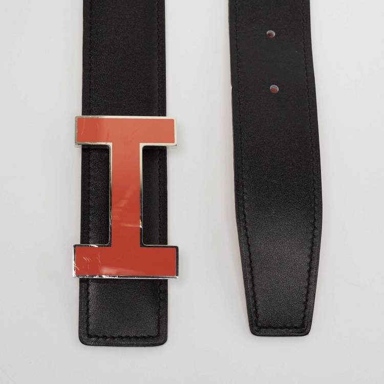 Pre Owned Hermes Orange/Black Togo and Box Leather Quizz Reversible Belt 90CM