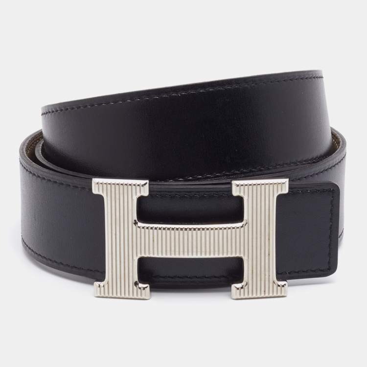 Pre Owned Hermes Black/Etoupe Chamonix and Togo Leather Palladium Finish Reversible H Buckle Constance Belt 90 CM