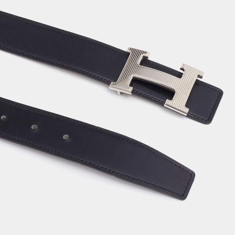 Pre Owned Hermes Black/Etoupe Chamonix and Togo Leather Palladium Finish Reversible H Buckle Constance Belt 90 CM