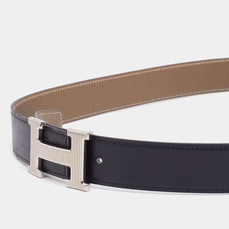 Pre Owned Hermes Black/Etoupe Chamonix and Togo Leather Palladium Finish Reversible H Buckle Constance Belt 90 CM