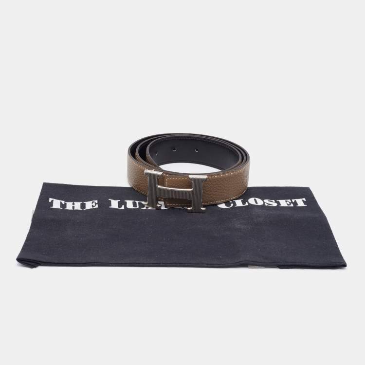 Pre Owned Hermes Black/Etoupe Chamonix and Togo Leather Palladium Finish Reversible H Buckle Constance Belt 90 CM