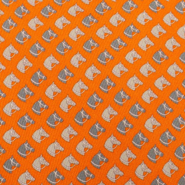 Pre Owned Hermes Orange Horse Printed Silk Tie