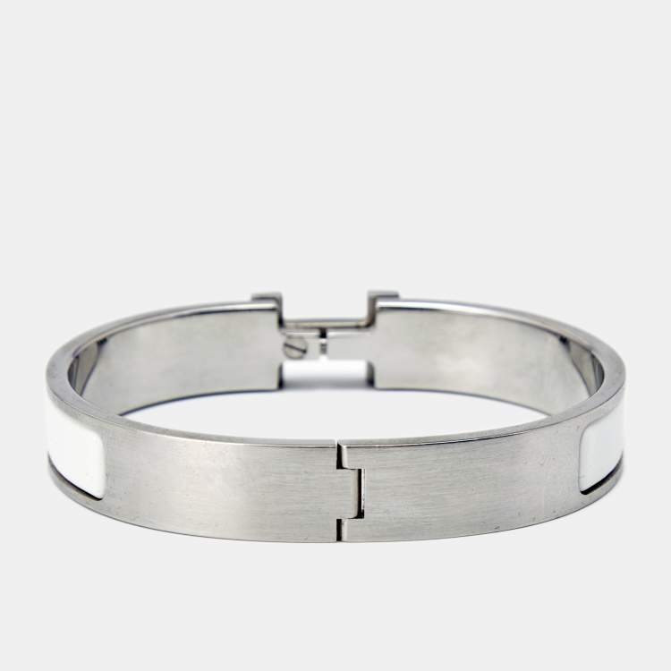 Pre Owned Hermes Clic HH White Enamel Palladium Plated Bracelet 