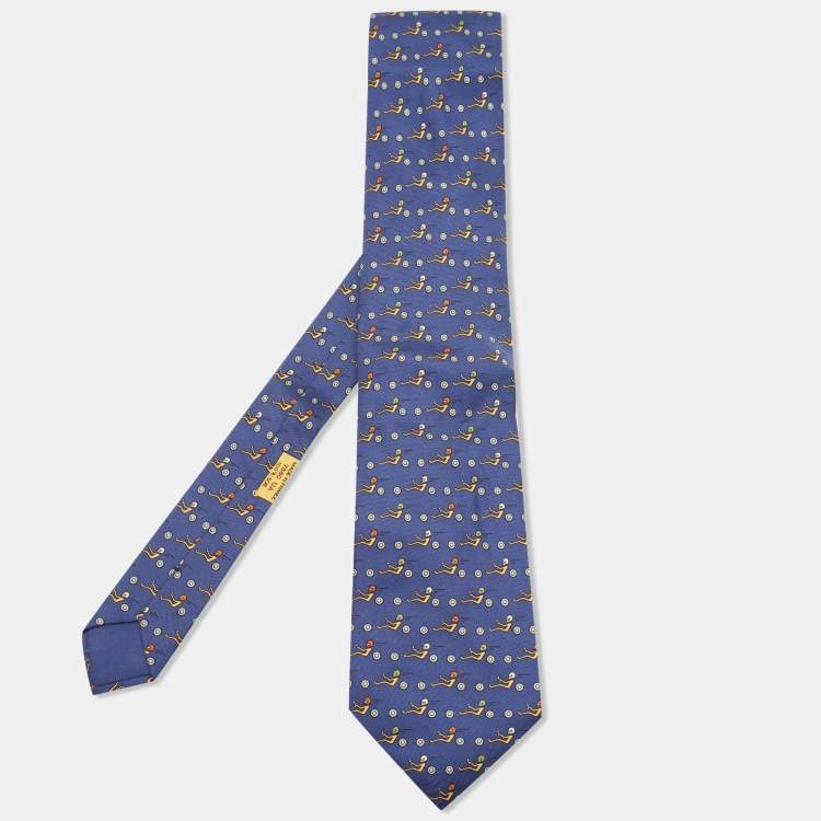Pre Owned Hermès for FFSA Blue Racer Print Silk Tie