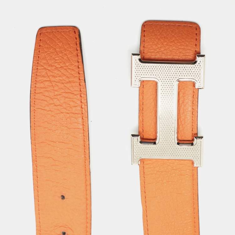 Pre Owned Hermes Orange/Noir Togo and Chamonix Leather H Guillochee Reversible Belt 110 CM