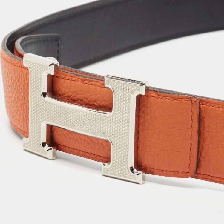 Pre Owned Hermes Orange/Noir Togo and Chamonix Leather H Guillochee Reversible Belt 110 CM