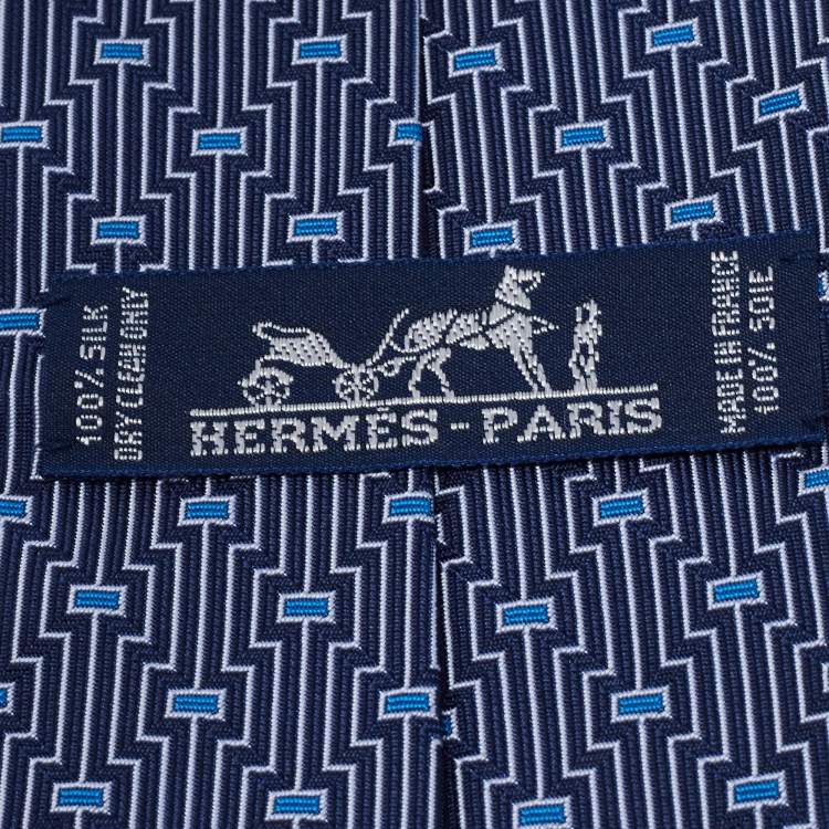 Pre Owned Hermès Navy Blue Geometric Patterned Jacquard Silk Tie