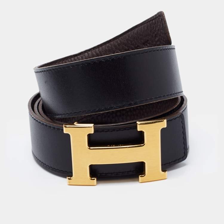 Pre Owned Hermes Noir/Chocolat Box and Togo Leather H Buckle Reversible Belt 100 CM