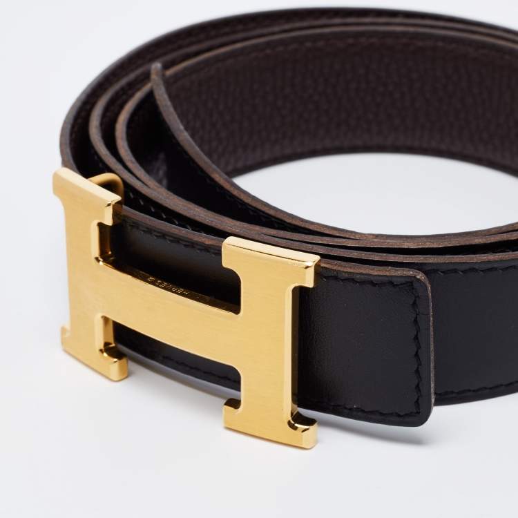 Pre Owned Hermes Noir/Chocolat Box and Togo Leather H Buckle Reversible Belt 100 CM