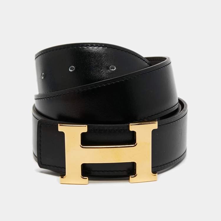 Pre Owned Hermes Noir/Chocolat Chamonix and Swift Leather H Buckle Reversible Belt 90 CM