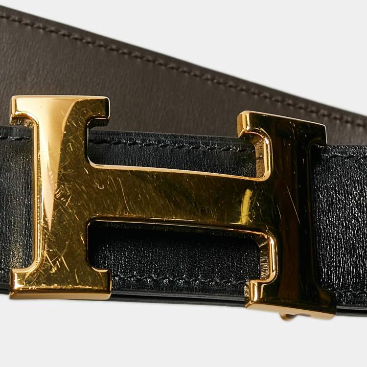 Pre Owned Hermes Noir/Chocolat Chamonix and Swift Leather H Buckle Reversible Belt 90 CM
