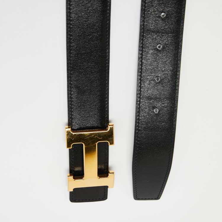 Pre Owned Hermes Noir/Chocolat Chamonix and Swift Leather H Buckle Reversible Belt 90 CM