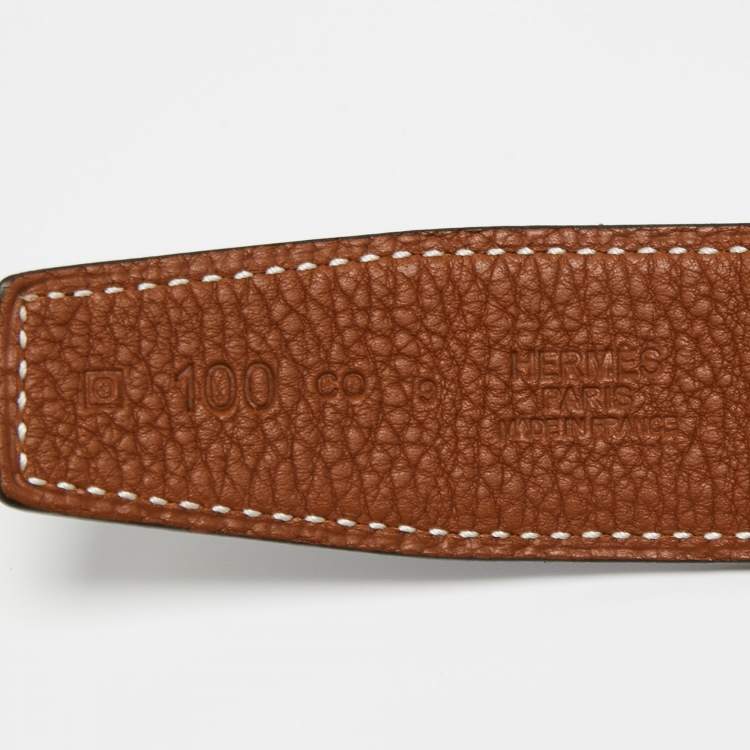 Pre Owned Hermes Black/Gold Togo and Box Leather H Buckle Palladium Finish Reversible Belt 100CM