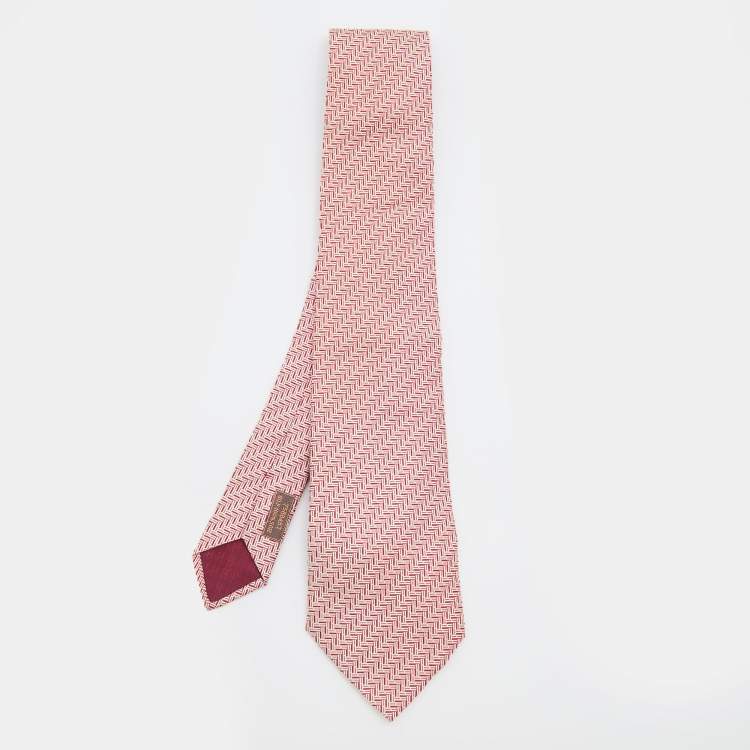 Pre Owned Hermès Red & White Chevron Jacquard Silk Tie