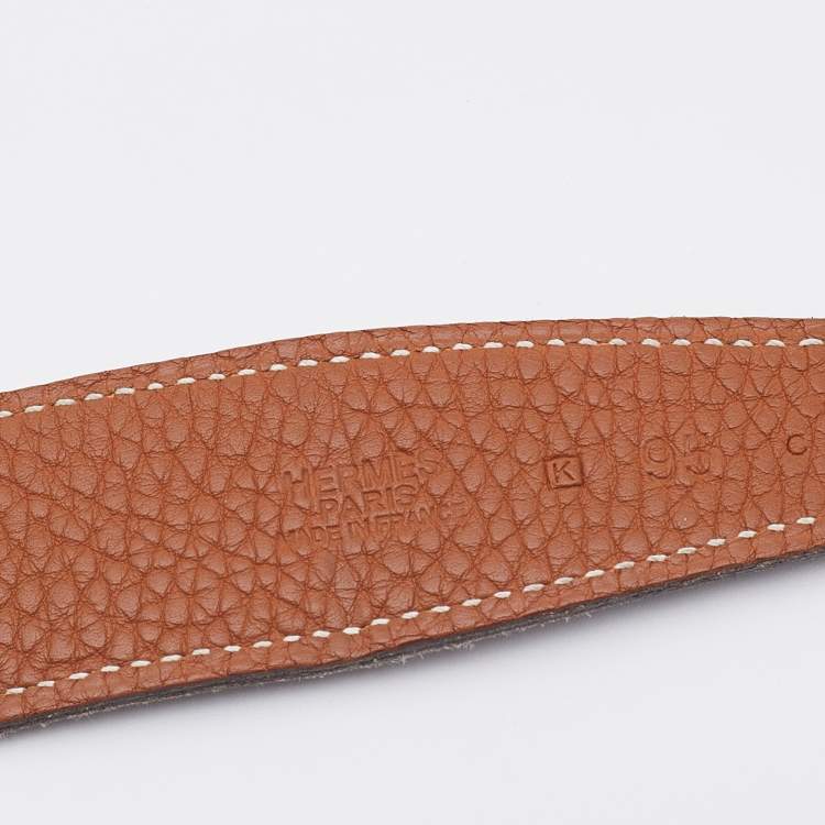 Pre Owned Hermes Black/Gold Box and Togo Leather Palladium Finish H Guilloche Belt 95 CM