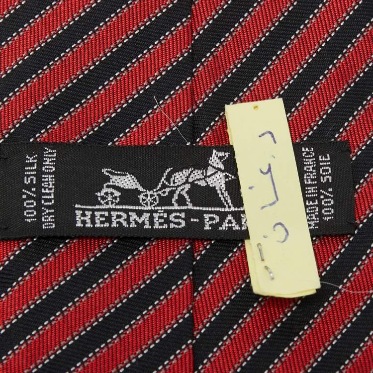 Pre Owned Hermes Red and Blue Diagonal Striped Silk Tie