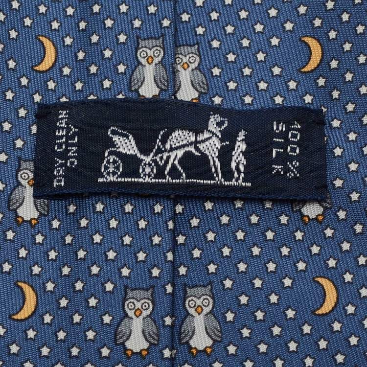Pre Owned Hermes Blue Night Owl Print Silk Tie 