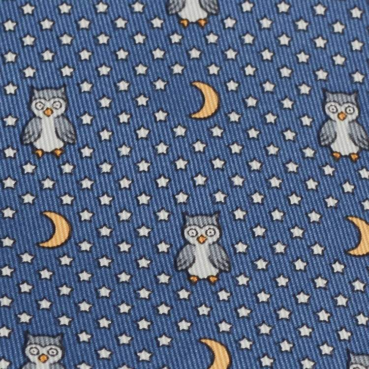 Pre Owned Hermes Blue Night Owl Print Silk Tie 