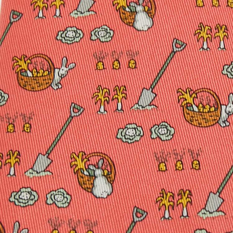 Pre Owned Hermes Saffron Pink Garden Print Silk Classic Tie