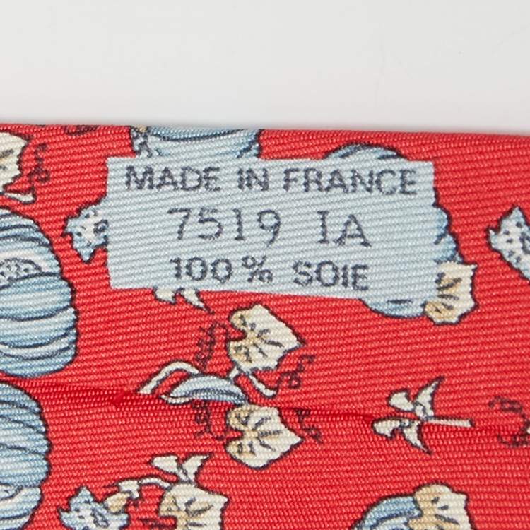 مملوكة مسبقًا Hermes Vintage Coral Red Pumpkins and Orchids Silk Classic Tie 
