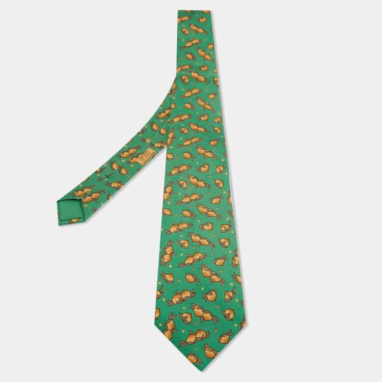 Pre Owned Hermes Green Hazelnut Print Silk Tie 