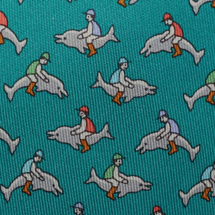 مملوكة مسبقًا Hermes Teal Blue Dolphin Print Silk Classic Tie