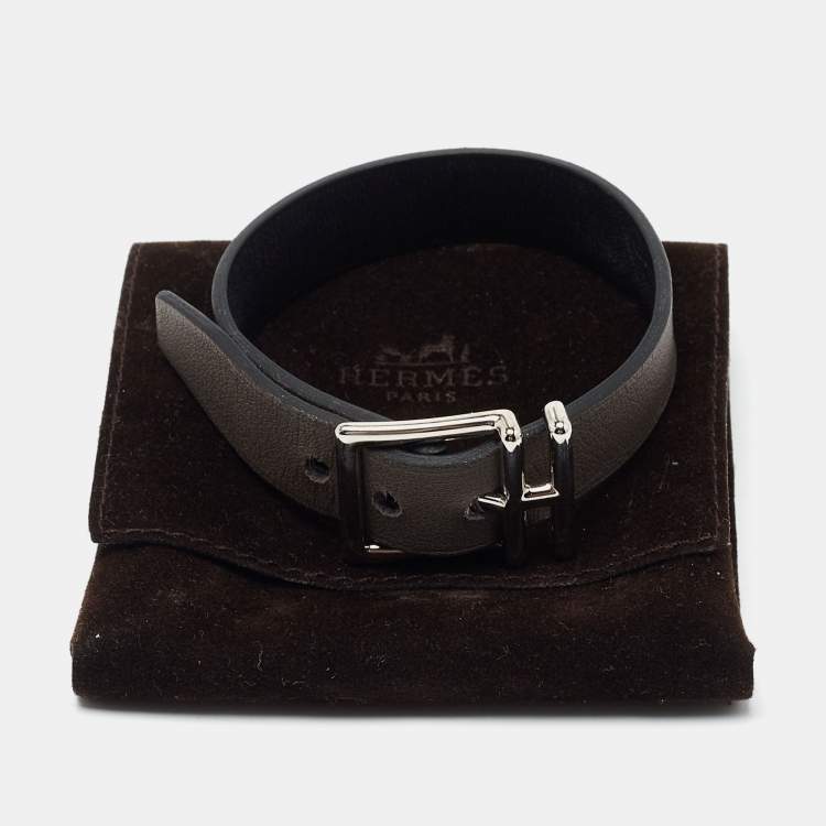 Pre Owned Hermes Leather Palladium Plated Reversible Bracelet