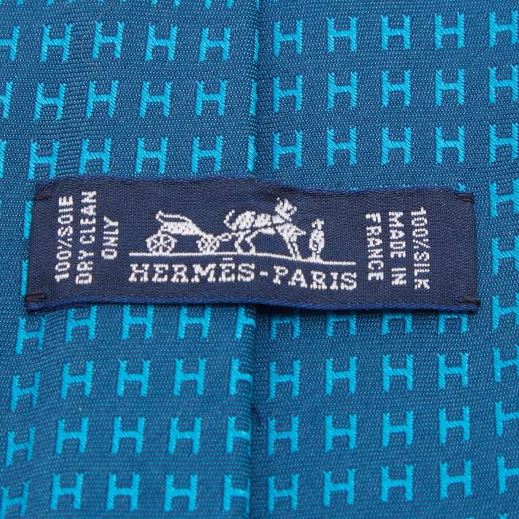 Pre Owned Hermes Peacock Blue Faconne H Silk Jacquard Tie