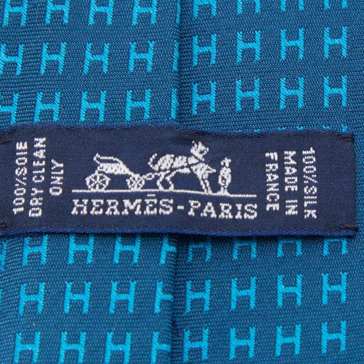 Pre Owned Hermes Peacock Blue Faconne H Silk Jacquard Tie