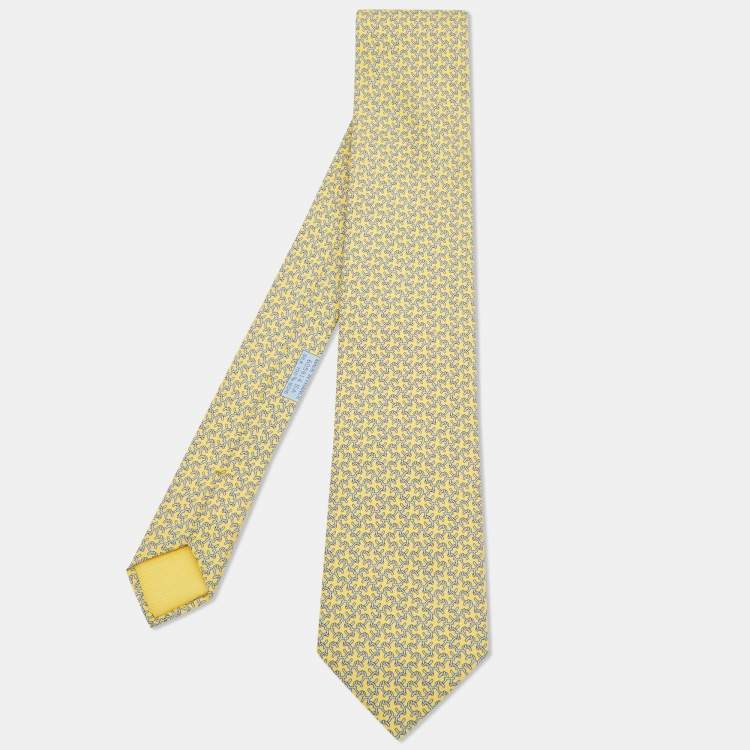 مملوكة مسبقًا Hermes Yellow H Italique Printed Silk Tie