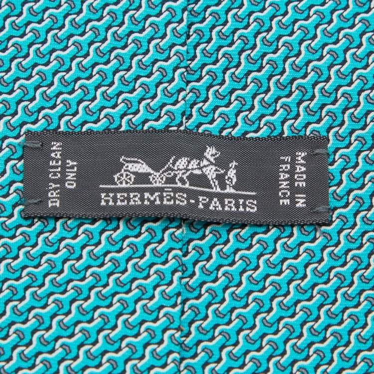 Pre Owned Hermes Turquise Green Wrench Printed Silk Tie