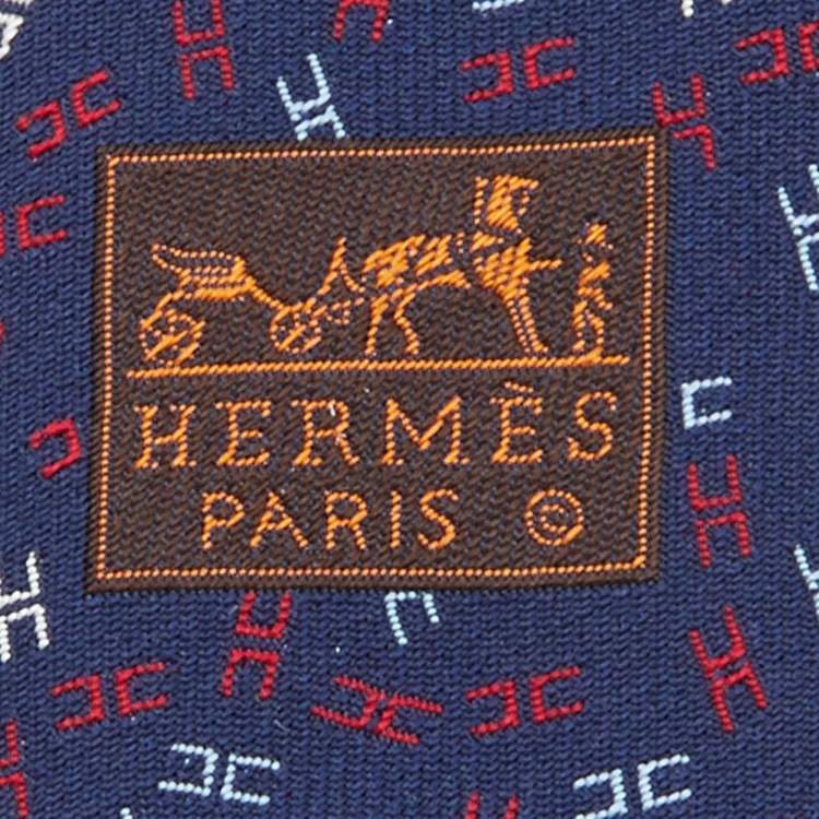 Pre Owned Hermes Navy Blue Printed Silk Jacquard Tie