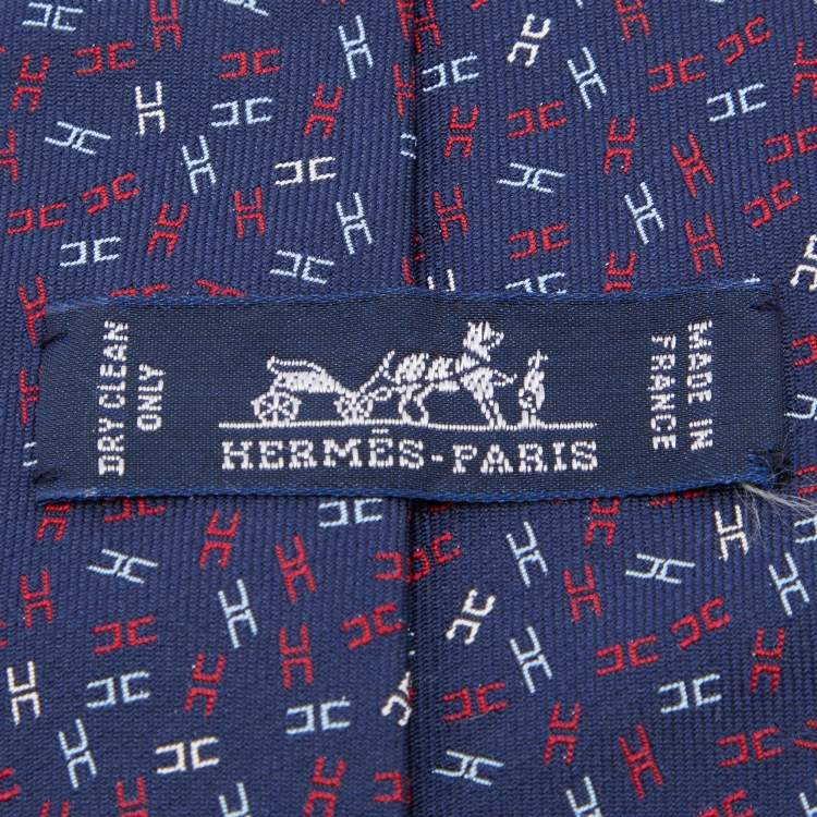 Pre Owned Hermes Navy Blue Printed Silk Jacquard Tie