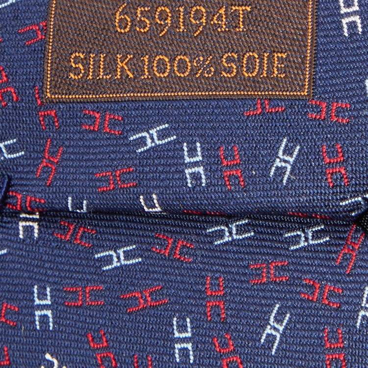 Pre Owned Hermes Navy Blue Printed Silk Jacquard Tie