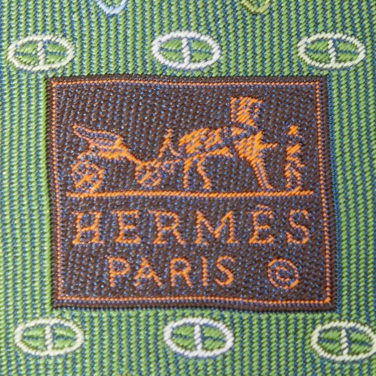 Pre Owned Hermes Green Chain Link Pattern Silk Jacquard Tie