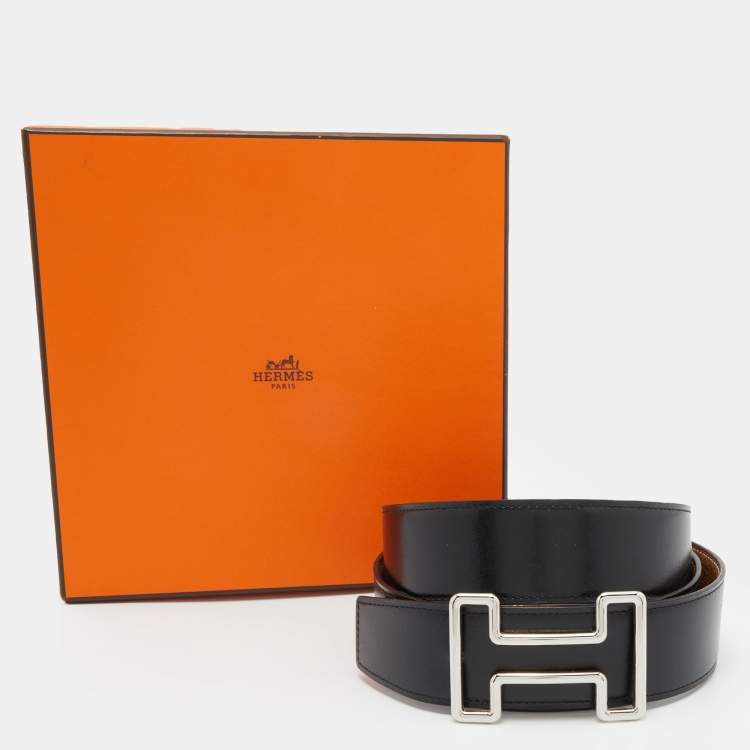 Pre Owned Hermes Black/Gold Box and Togo Leather Tonight Reversible Belt 100CM
