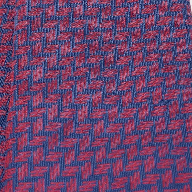 Thin Jacquard Silk Suspenders, Red and Blue Geometric Pattern