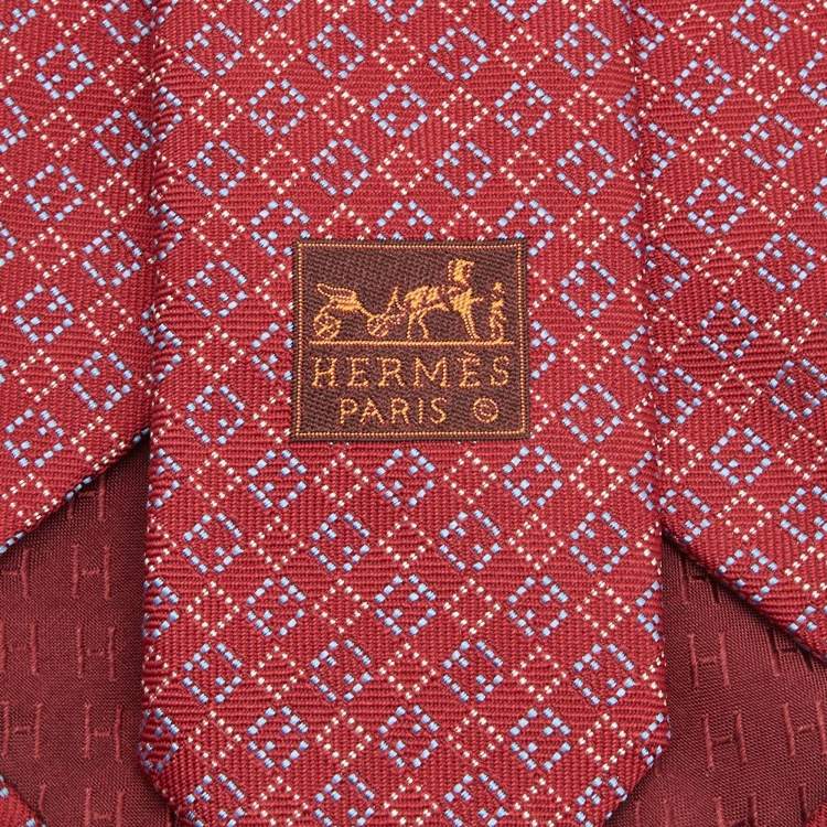 Pre Owned Hermes Red Diamond Pattern Silk Tie