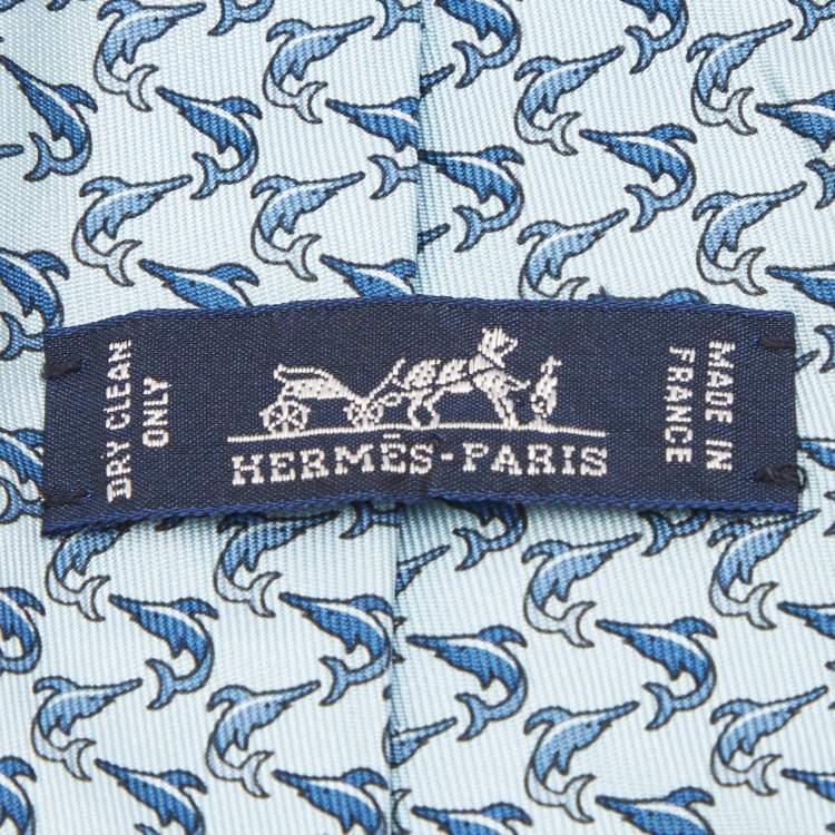 Pre Owned Hermes Blue Dolphin Print Silk Tie