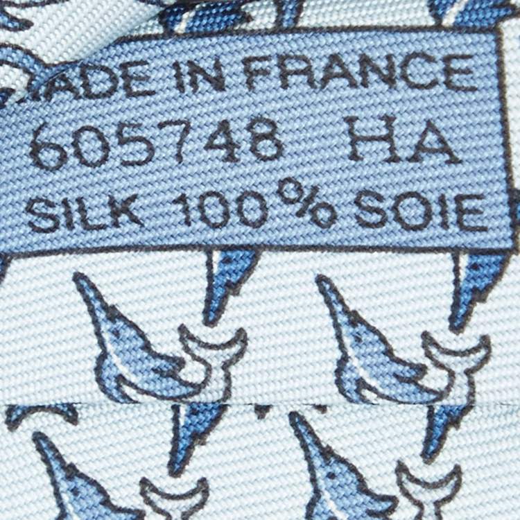 Pre Owned Hermes Blue Dolphin Print Silk Tie