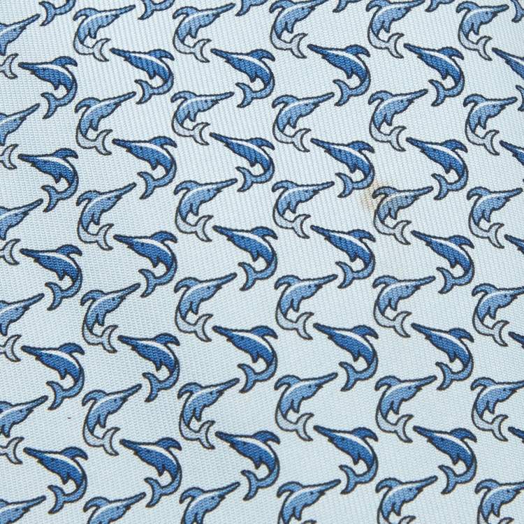 Pre Owned Hermes Blue Dolphin Print Silk Tie
