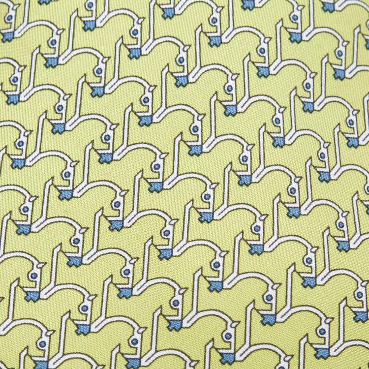 Pre Owned Hermes Green Geometric Horse Print Silk Tie