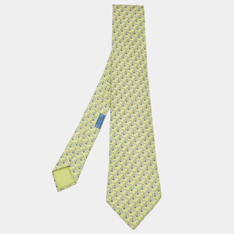 Pre Owned Hermes Green Geometric Horse Print Silk Tie