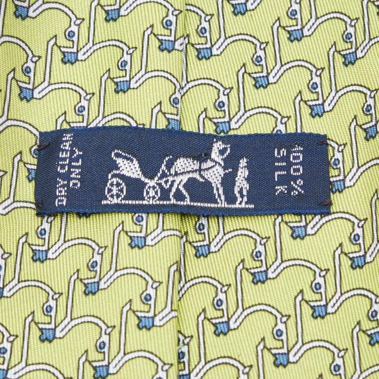 Pre Owned Hermes Green Geometric Horse Print Silk Tie