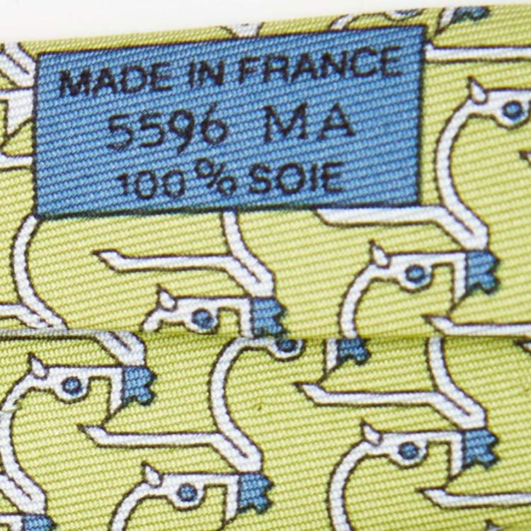 Pre Owned Hermes Green Geometric Horse Print Silk Tie